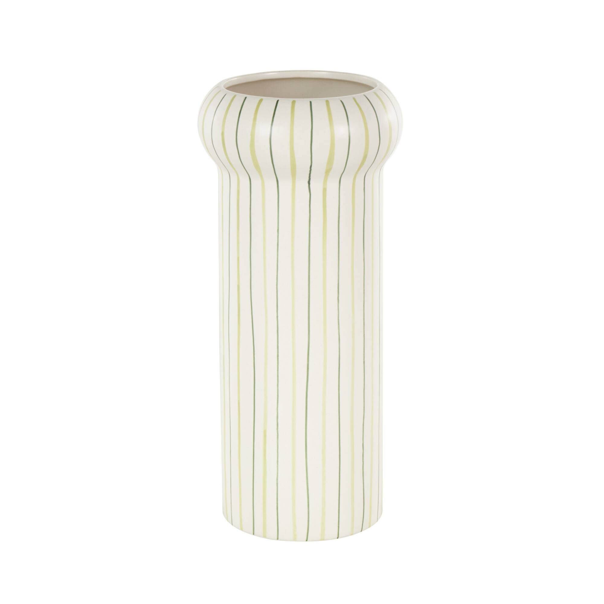 12" White & Green Linear Patterns Round Decorative Ceramic Vase
